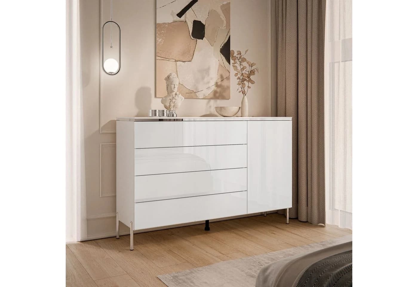 ALLHOUSE24 Kommode PEONY SILBER weiß Hochglanz mit Schubladen