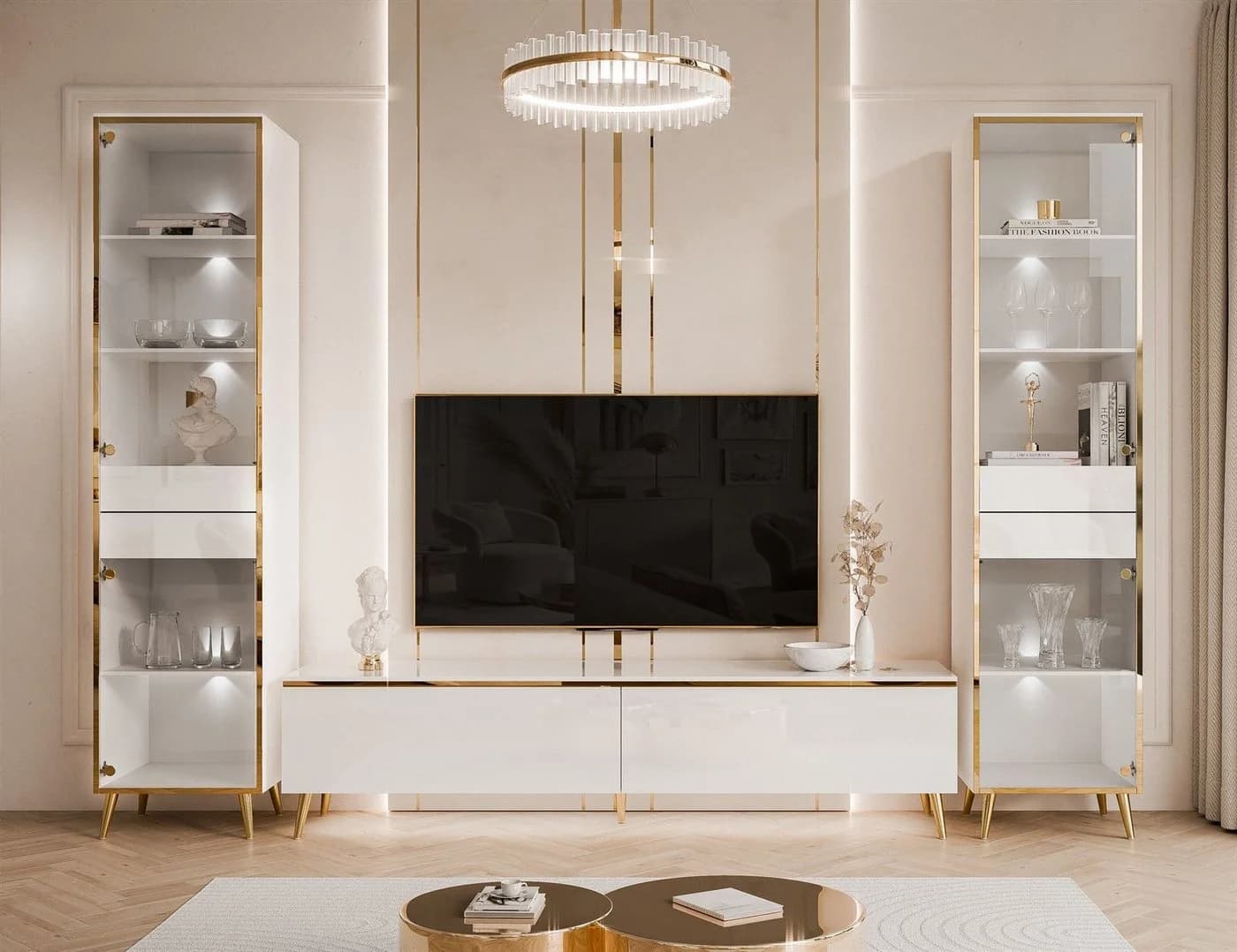 ALLHOUSE24 Wohnzimmer-Set PEONY GOLD mit LED weiß Hochglanz Glasvitrine TV Schrank
