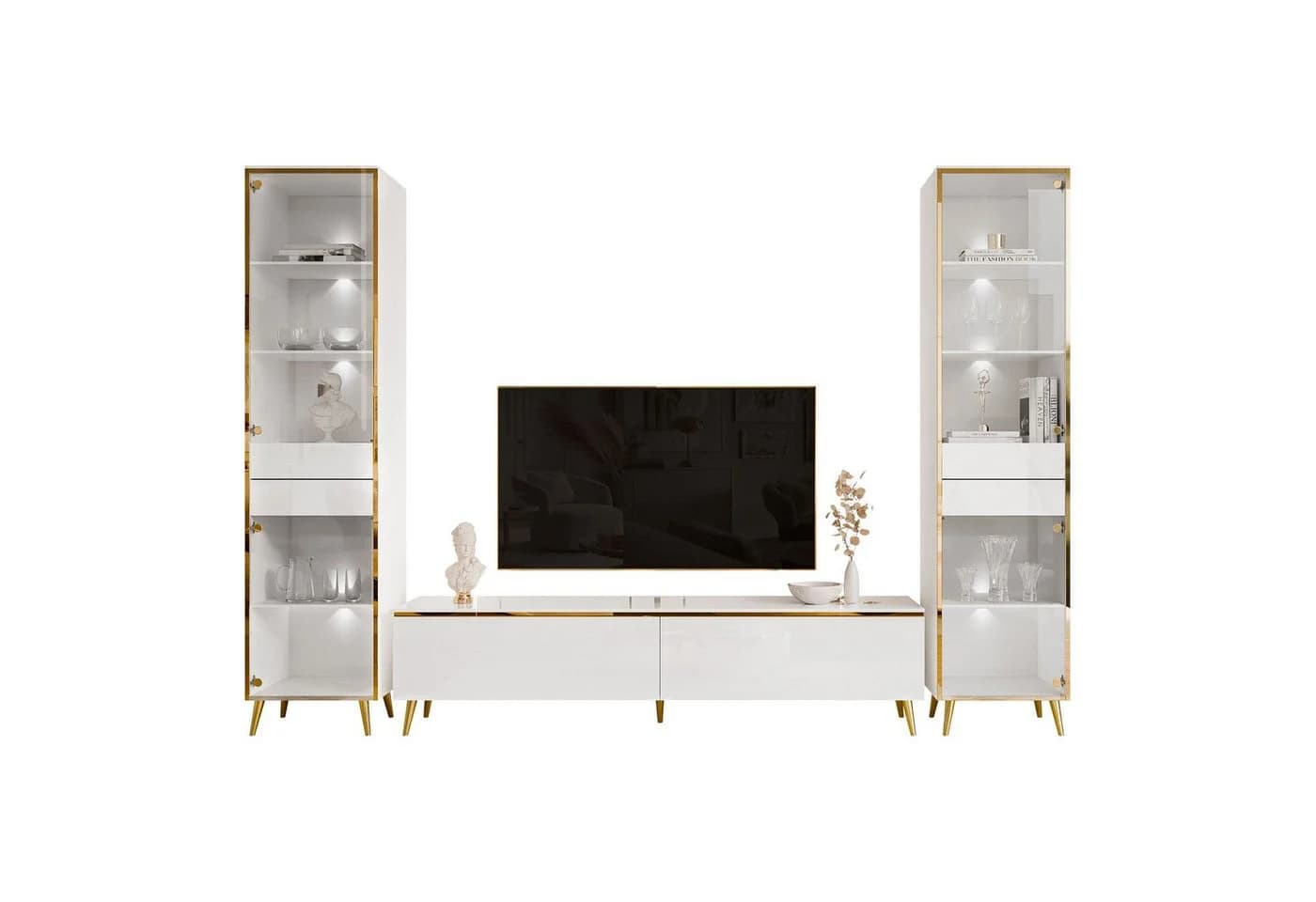 ALLHOUSE24 Wohnzimmer-Set PEONY GOLD mit LED weiß Hochglanz Glasvitrine TV Schrank - Bild 2