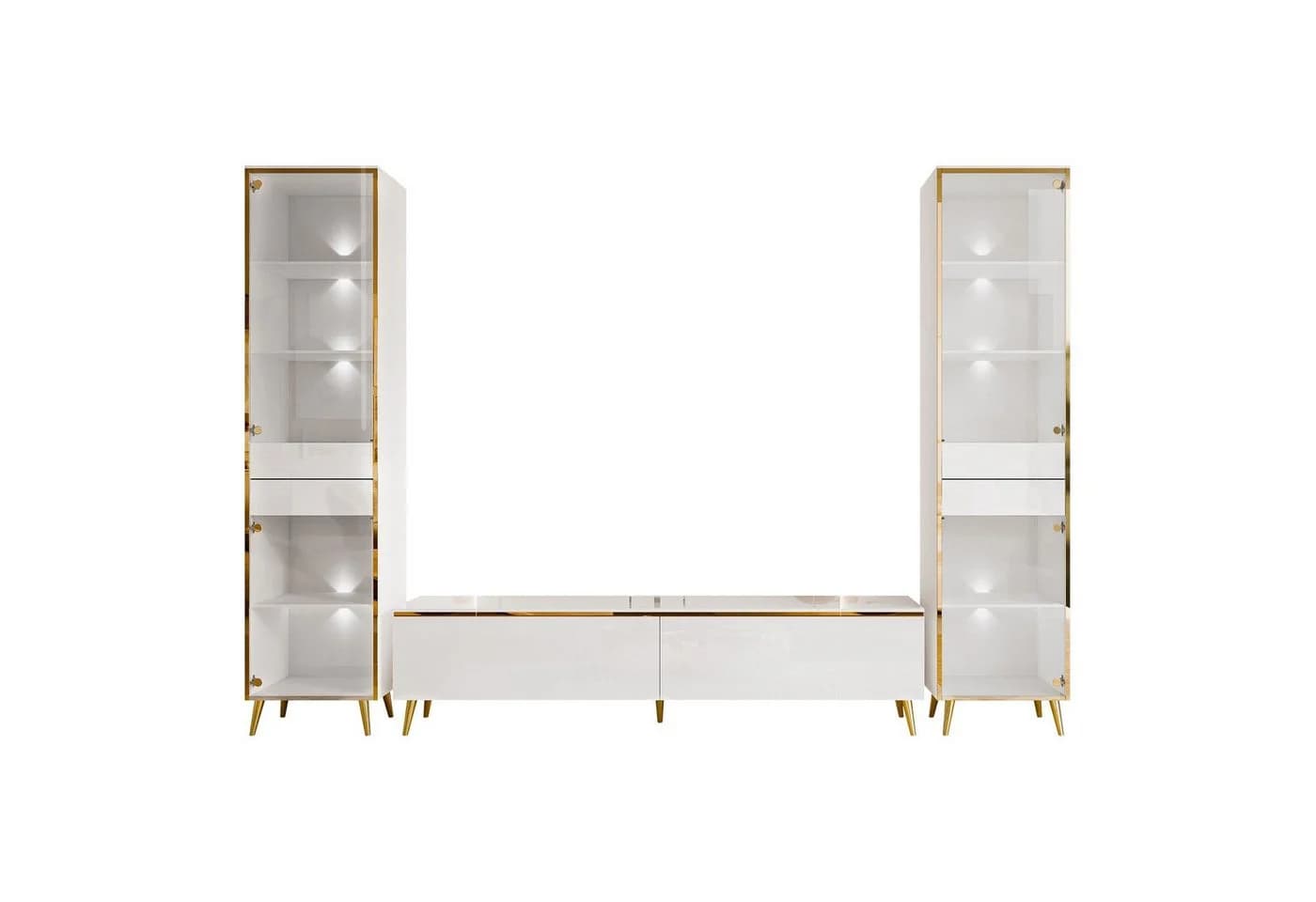 ALLHOUSE24 Wohnzimmer-Set PEONY GOLD mit LED weiß Hochglanz Glasvitrine TV Schrank - Bild 5