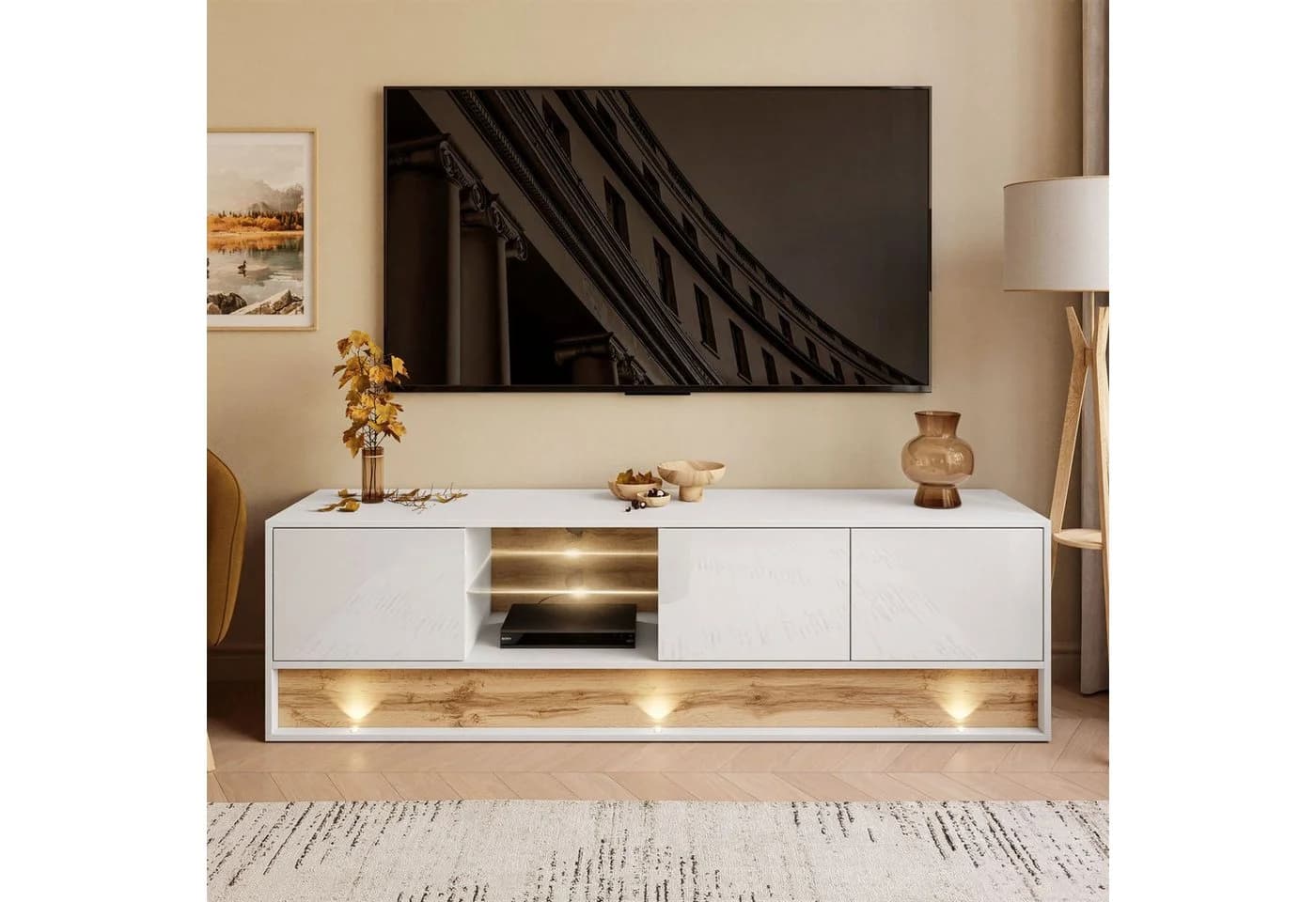 ALLHOUSE24 TV-Schrank MILA 180 cm Weiß Wotan Eiche LED