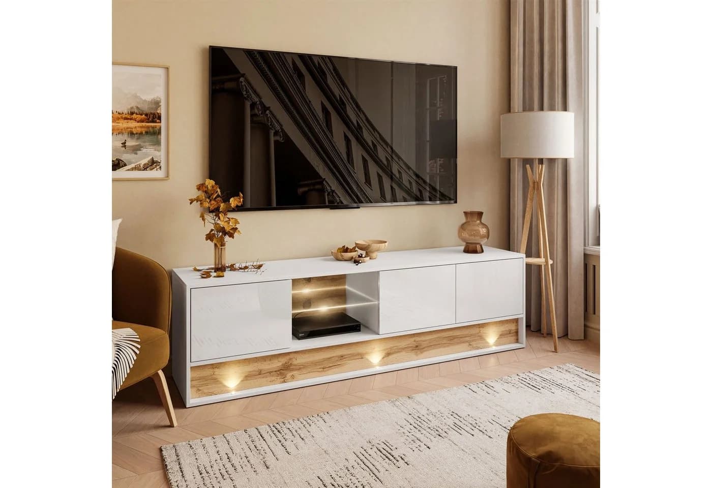 ALLHOUSE24 TV-Schrank MILA 180 cm Weiß Wotan Eiche LED - Bild 3