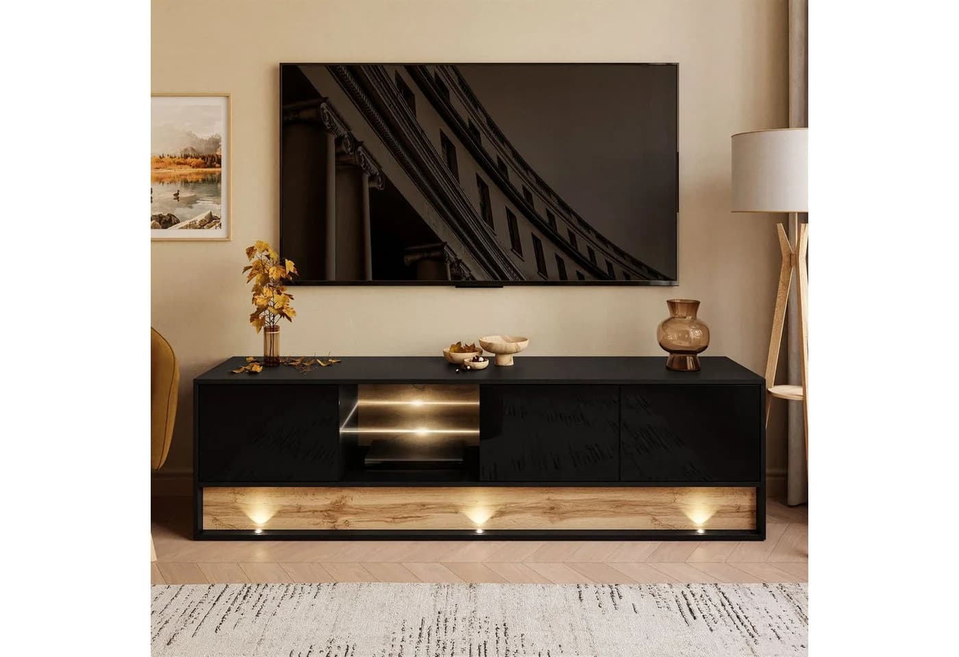 ALLHOUSE24 TV-Schrank MILA Lowboard 180 cm mit Einsatz aus Wotan Eiche LED Beleuchtung