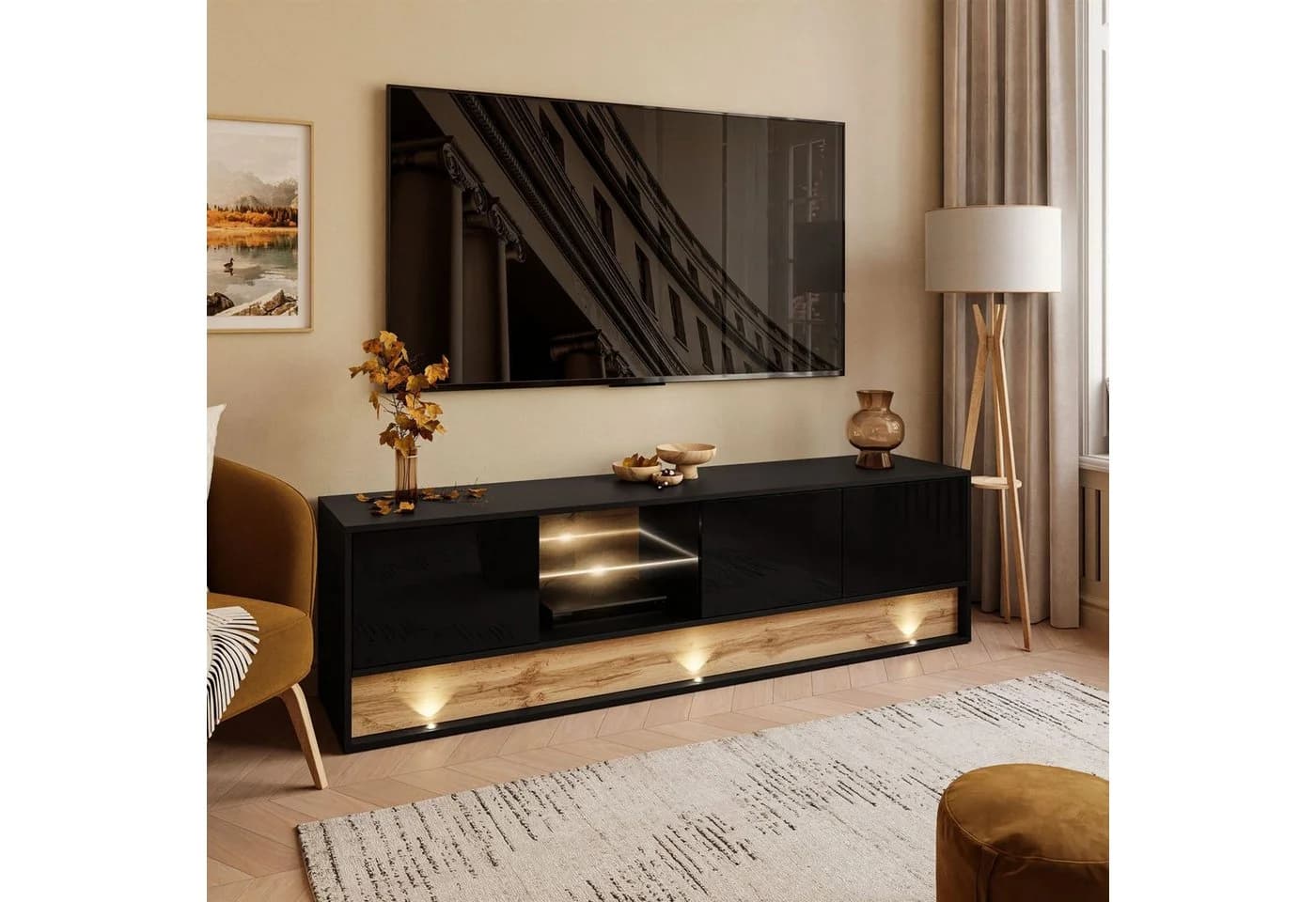 ALLHOUSE24 TV-Schrank MILA Lowboard 180 cm mit Einsatz aus Wotan Eiche LED Beleuchtung - Bild 5