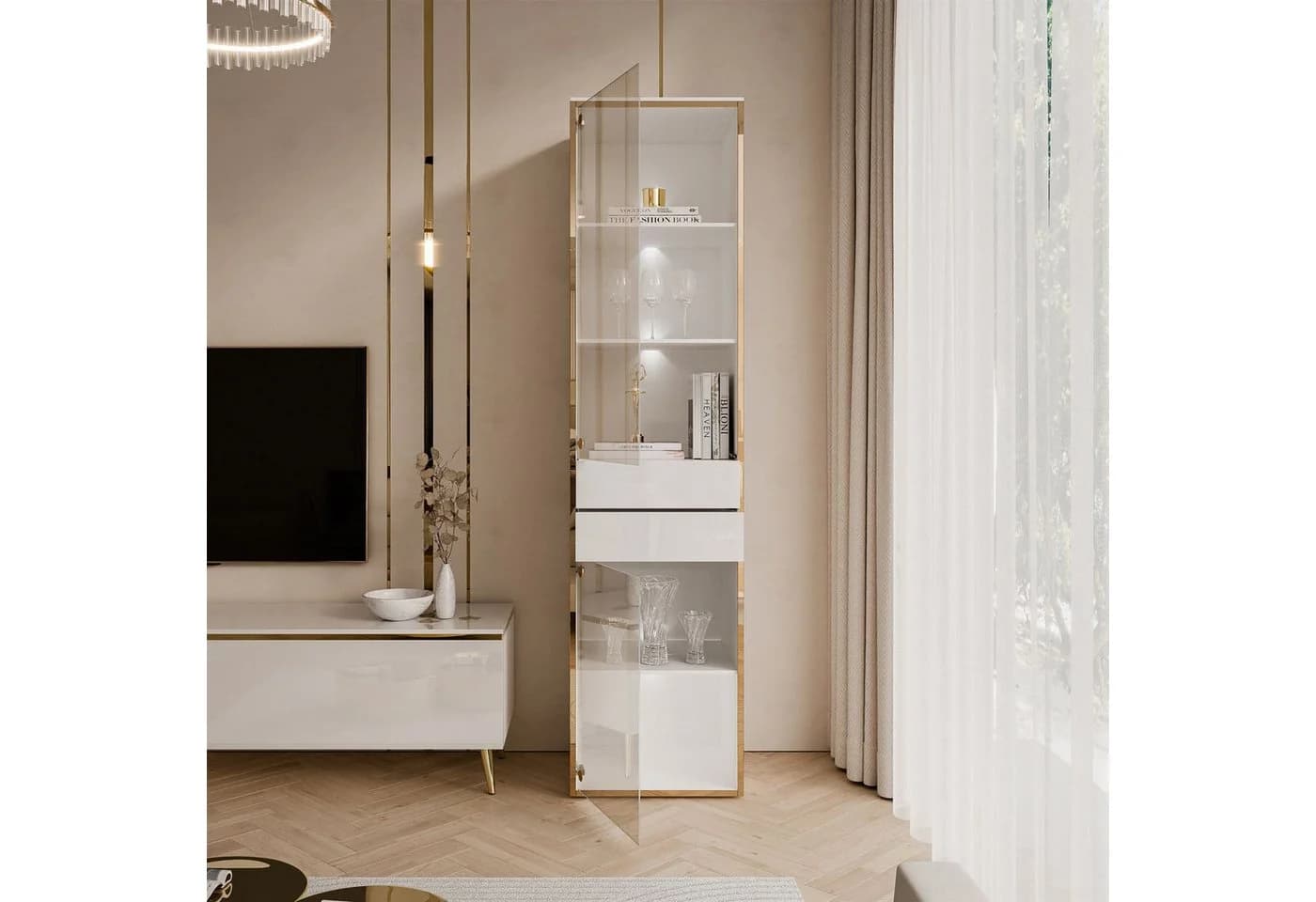 ALLHOUSE24 Vitrine PEONY 45 cm Glasvitrine LED-Beleuchtung Weiß Gold