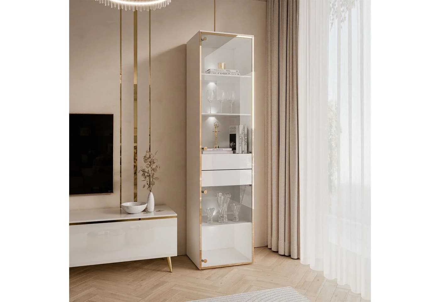 ALLHOUSE24 Vitrine PEONY 45 cm Glasvitrine LED-Beleuchtung Weiß Gold - Bild 2