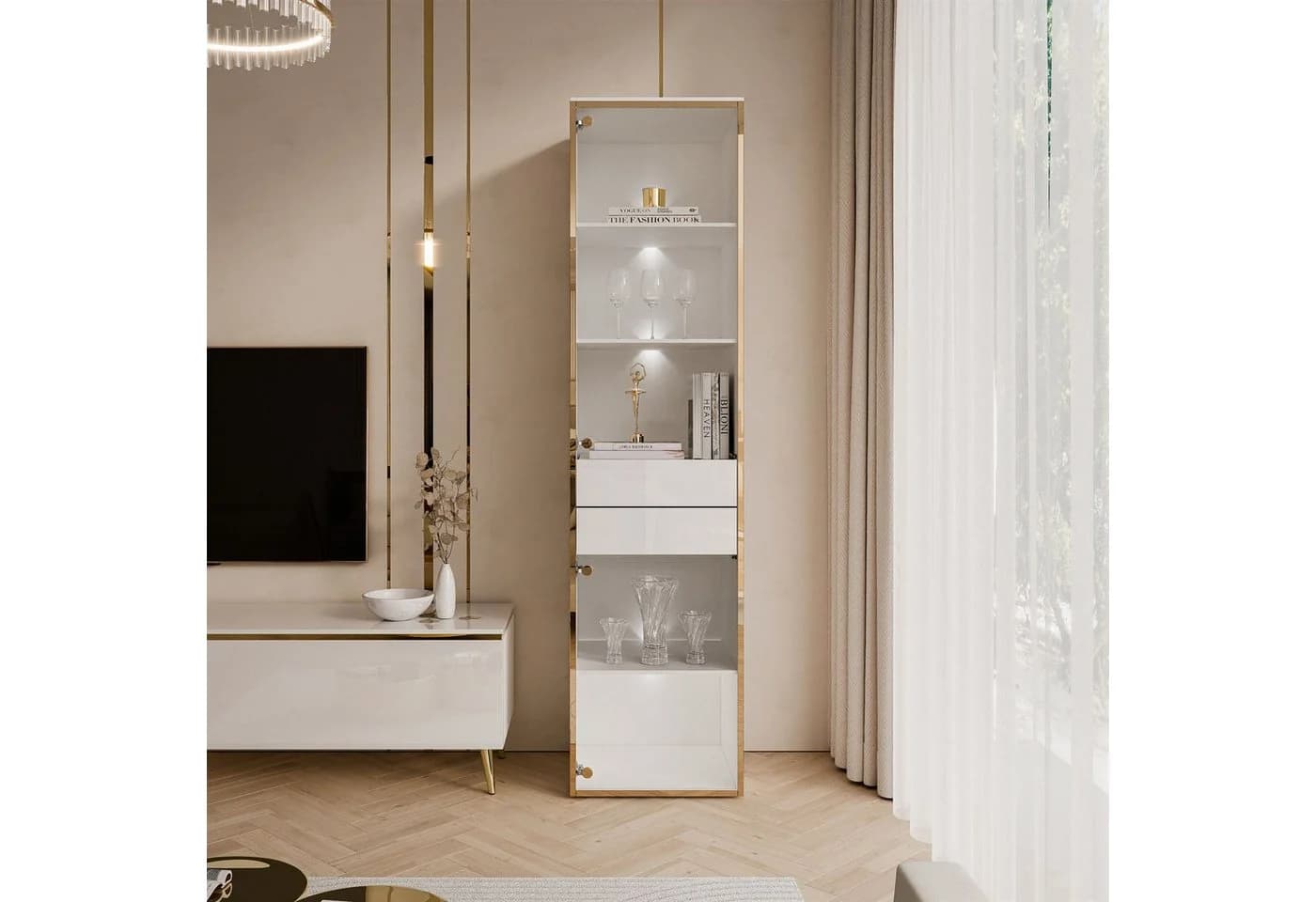 ALLHOUSE24 Vitrine PEONY 45 cm Glasvitrine LED-Beleuchtung Weiß Gold - Bild 4
