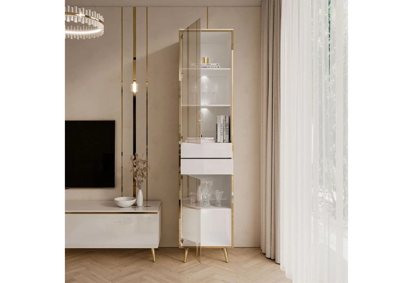 ALLHOUSE24 Vitrine PEONY 45 cm Glasvitrine Weiß Gold Hochglanz
