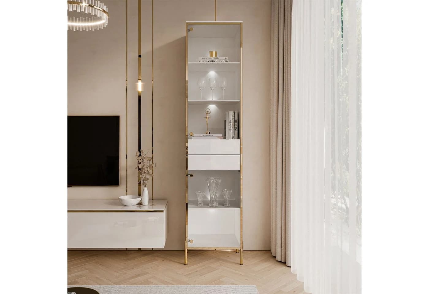ALLHOUSE24 Vitrine PEONY 45 cm Glasvitrine LED Beleuchtung Weiß Gold