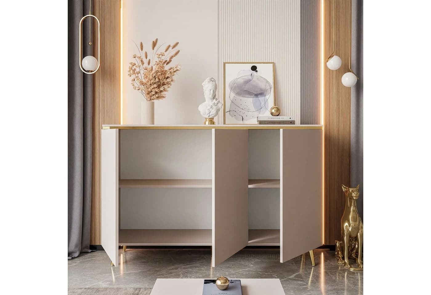 ALLHOUSE24 Kommode LAURA 140 cm Kaschmir Grau mit Goldakzenten