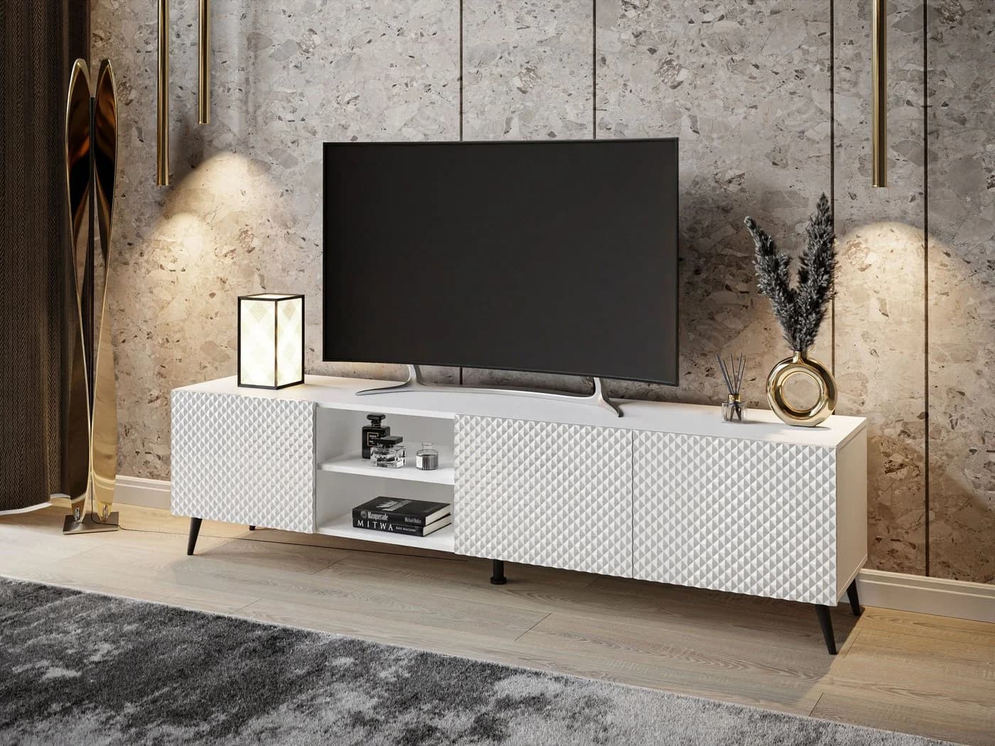 ALLHOUSE24 Lowboard PALERMO Sideboard Hochglanz gefräst, Metallfüße, 195 cm