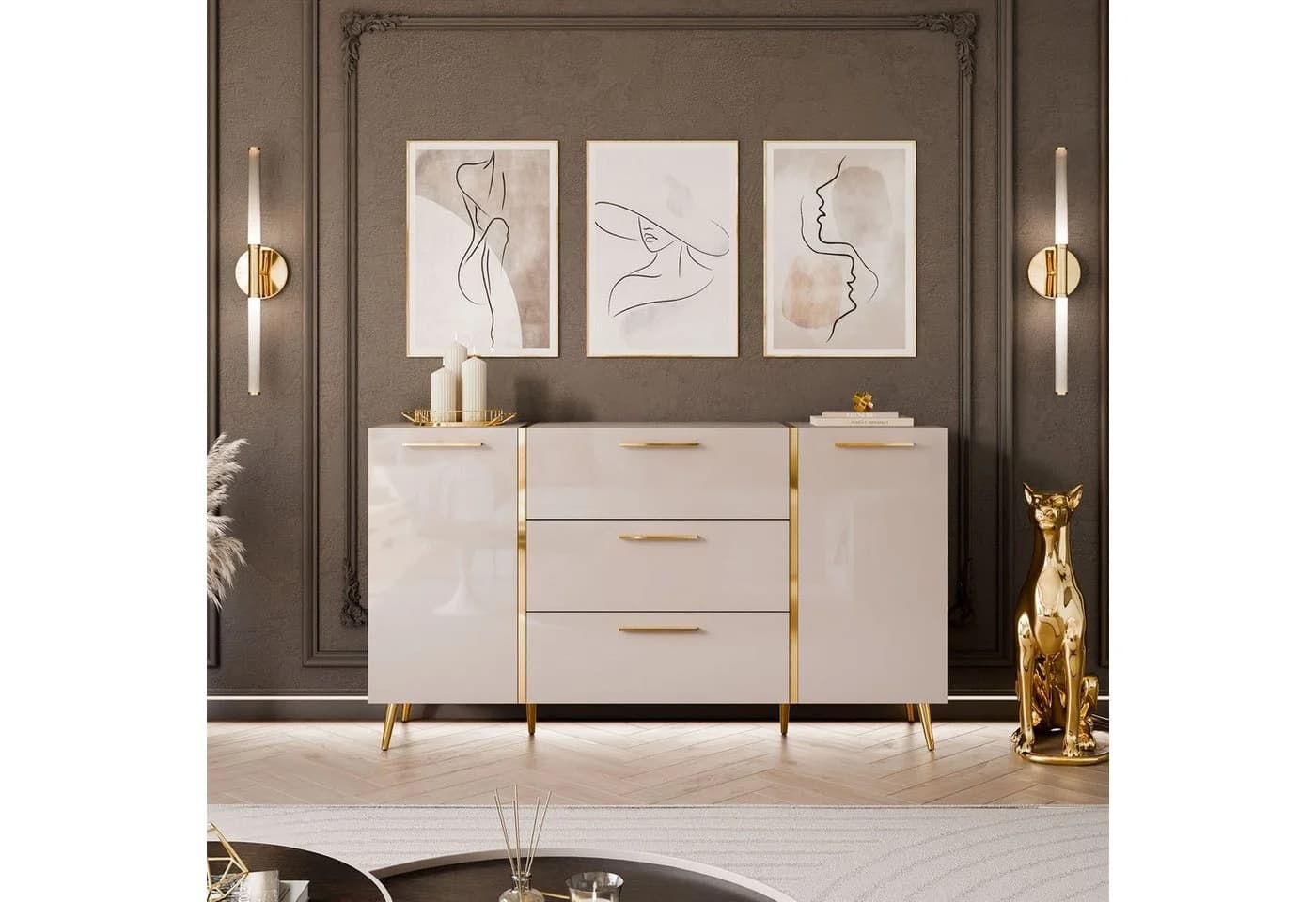ALLHOUSE24 Kommode 158 cm Kaschmir Hochglanz Gold Metallfüße