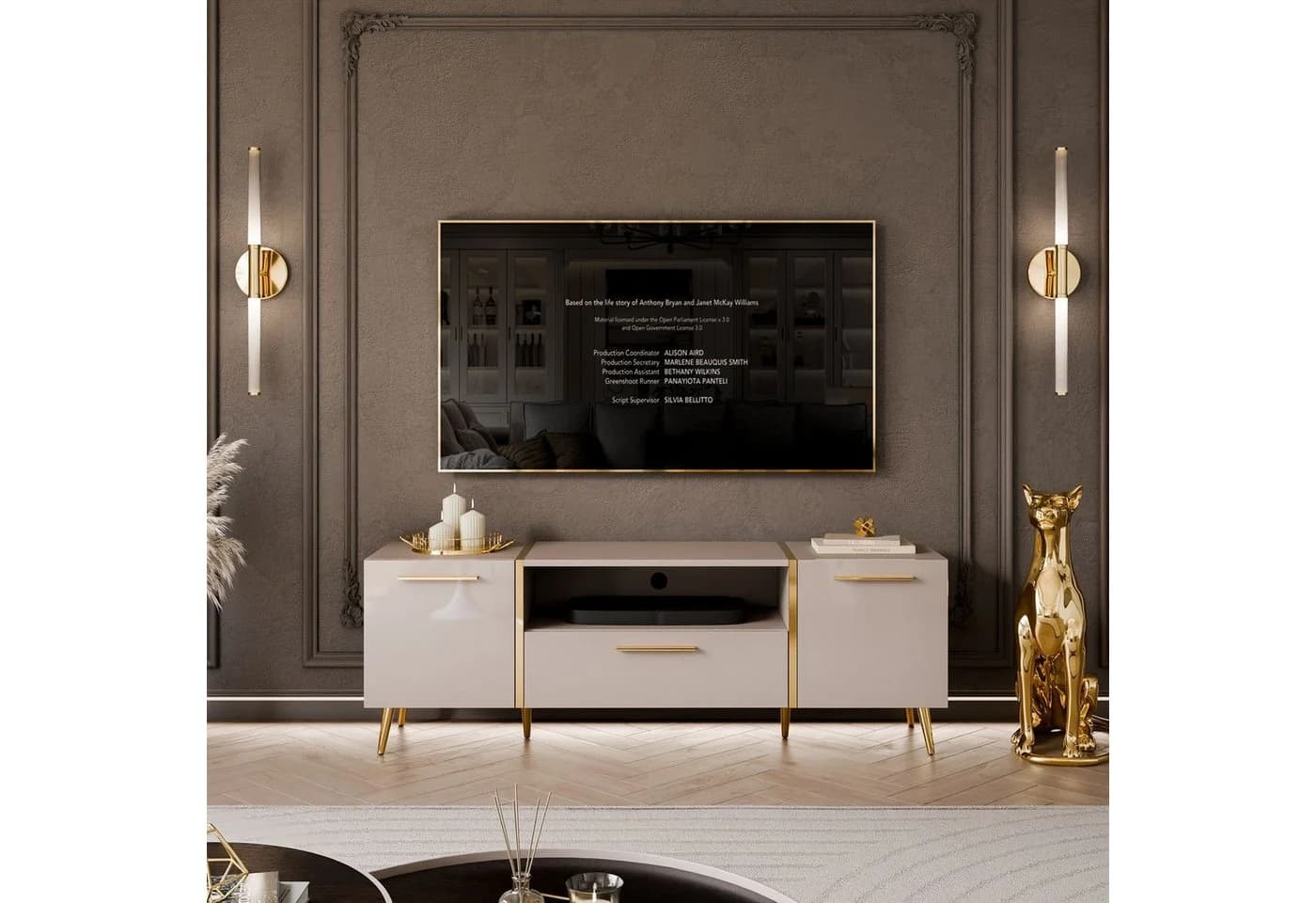 ALLHOUSE24 TV-Schrank Diamant Kaschmir Hochglanz Gold Akzente Unterschrank Metallfüße - Bild 2