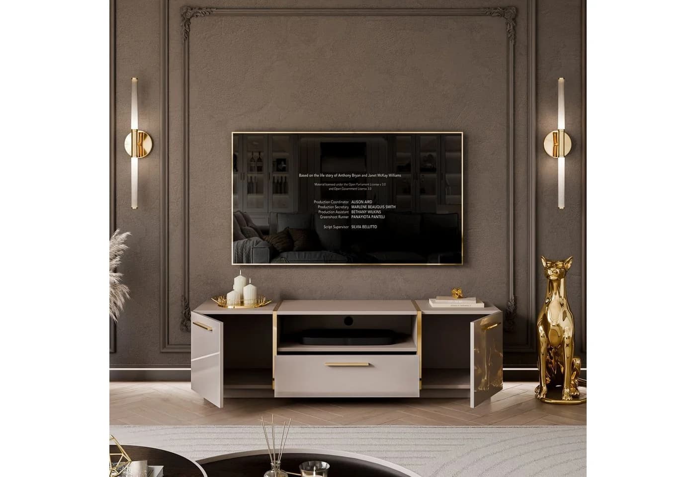 ALLHOUSE24 TV-Schrank Diamant Kaschmir Hochglanz Gold Akzente Unterschrank Metallfüße - Bild 3