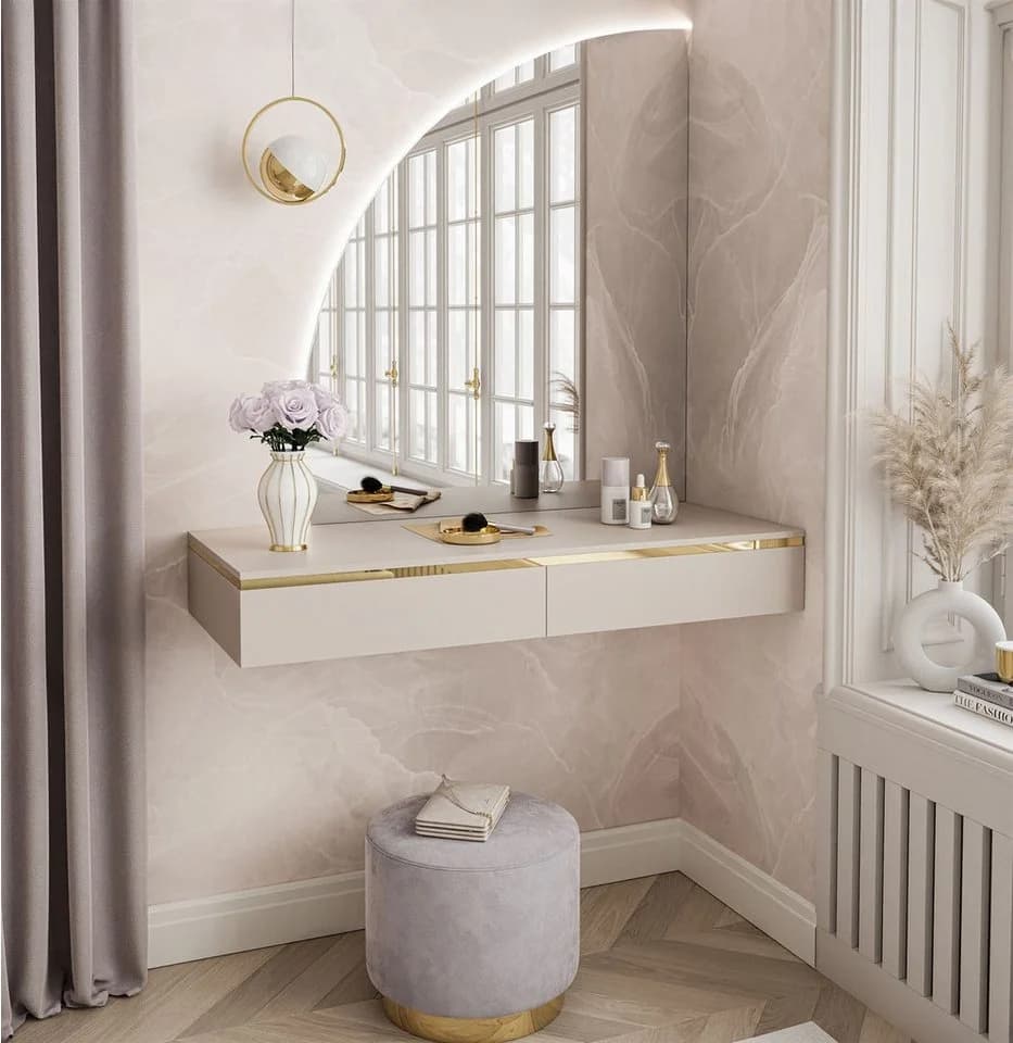 ALLHOUSE24 Schminktisch PEONY GOLD Halbmond Spiegel mit Beleuchtung