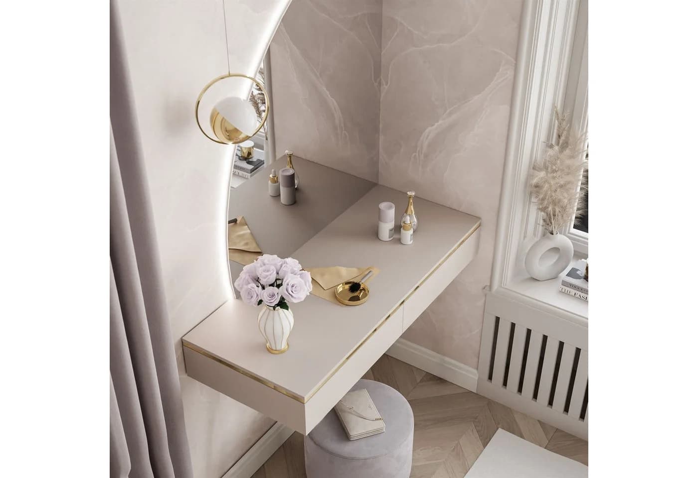 ALLHOUSE24 Schminktisch PEONY GOLD Halbmond Spiegel mit Beleuchtung - Bild 5