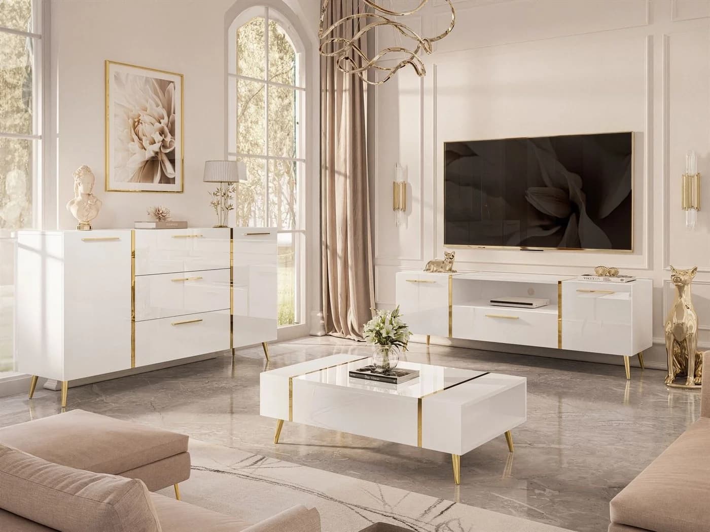 ALLHOUSE24 Wohnzimmer-Set DIAMANT Weiß Hochglanz Gold Metallfüße - Bild 2