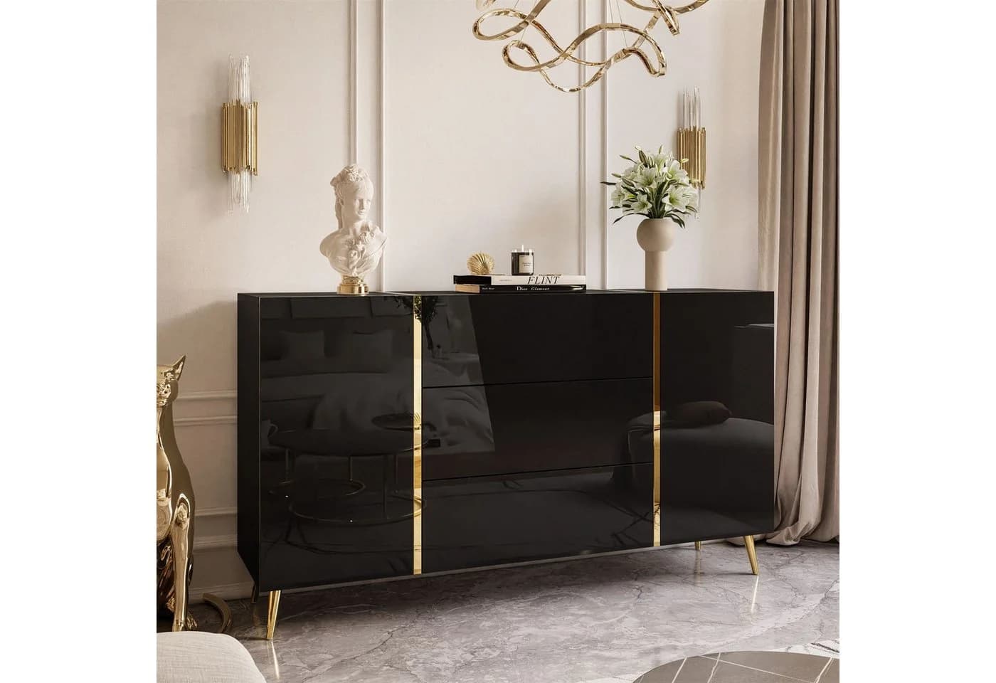 ALLHOUSE24 Wohnzimmer-Set DIAMANT Schwarz Hochglanz GOLD