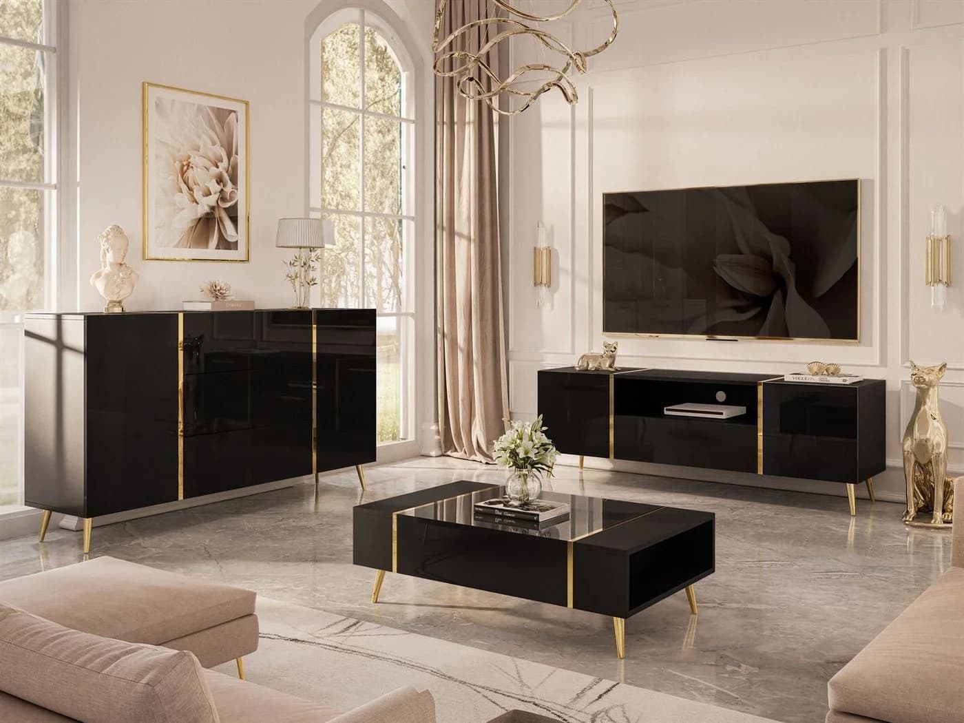 ALLHOUSE24 Wohnzimmer-Set DIAMANT Schwarz Hochglanz GOLD - Bild 2