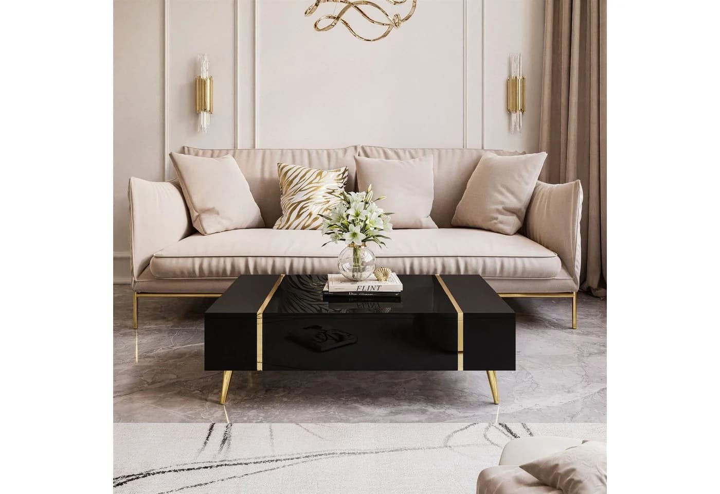 ALLHOUSE24 Wohnzimmer-Set DIAMANT Schwarz Hochglanz GOLD - Bild 3