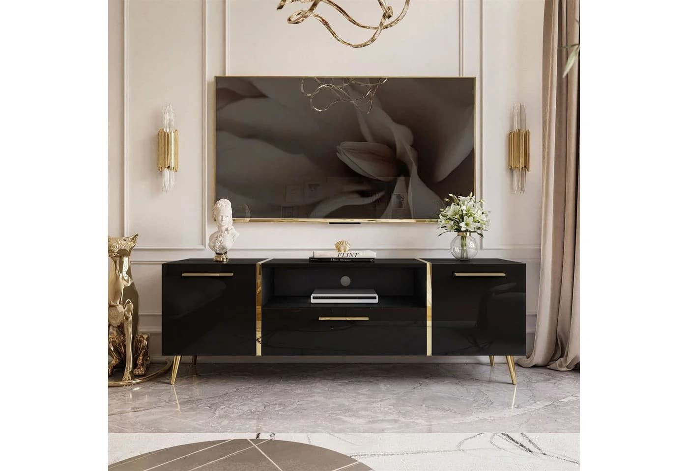 ALLHOUSE24 Wohnzimmer-Set DIAMANT Schwarz Hochglanz Gold Metallfüßen