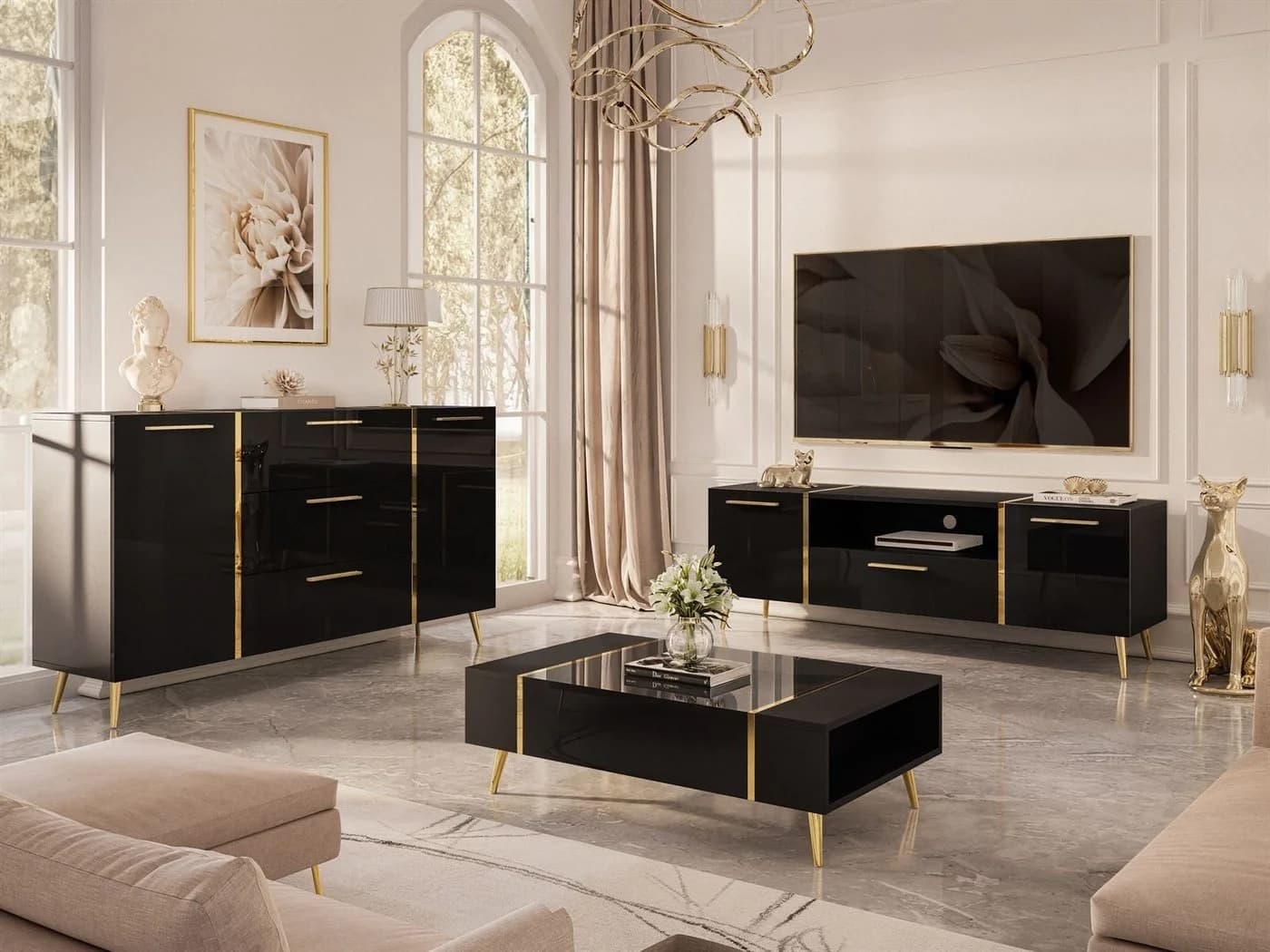 ALLHOUSE24 Wohnzimmer-Set DIAMANT Schwarz Hochglanz Gold Metallfüßen - Bild 2