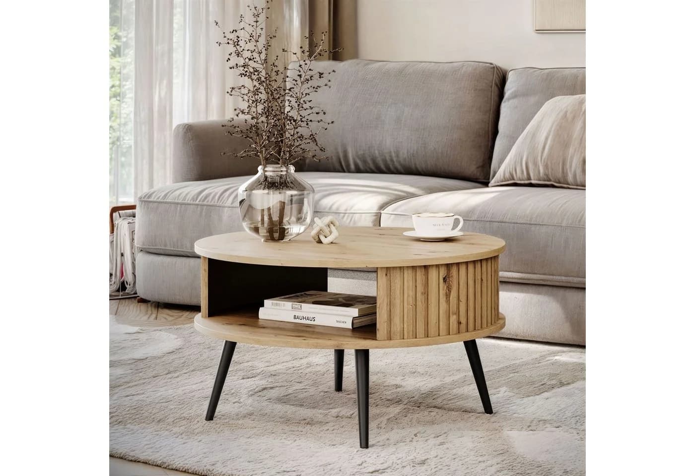 ALLHOUSE24 Couchtisch NOVA Beige Runder Sofatisch mit Ablage