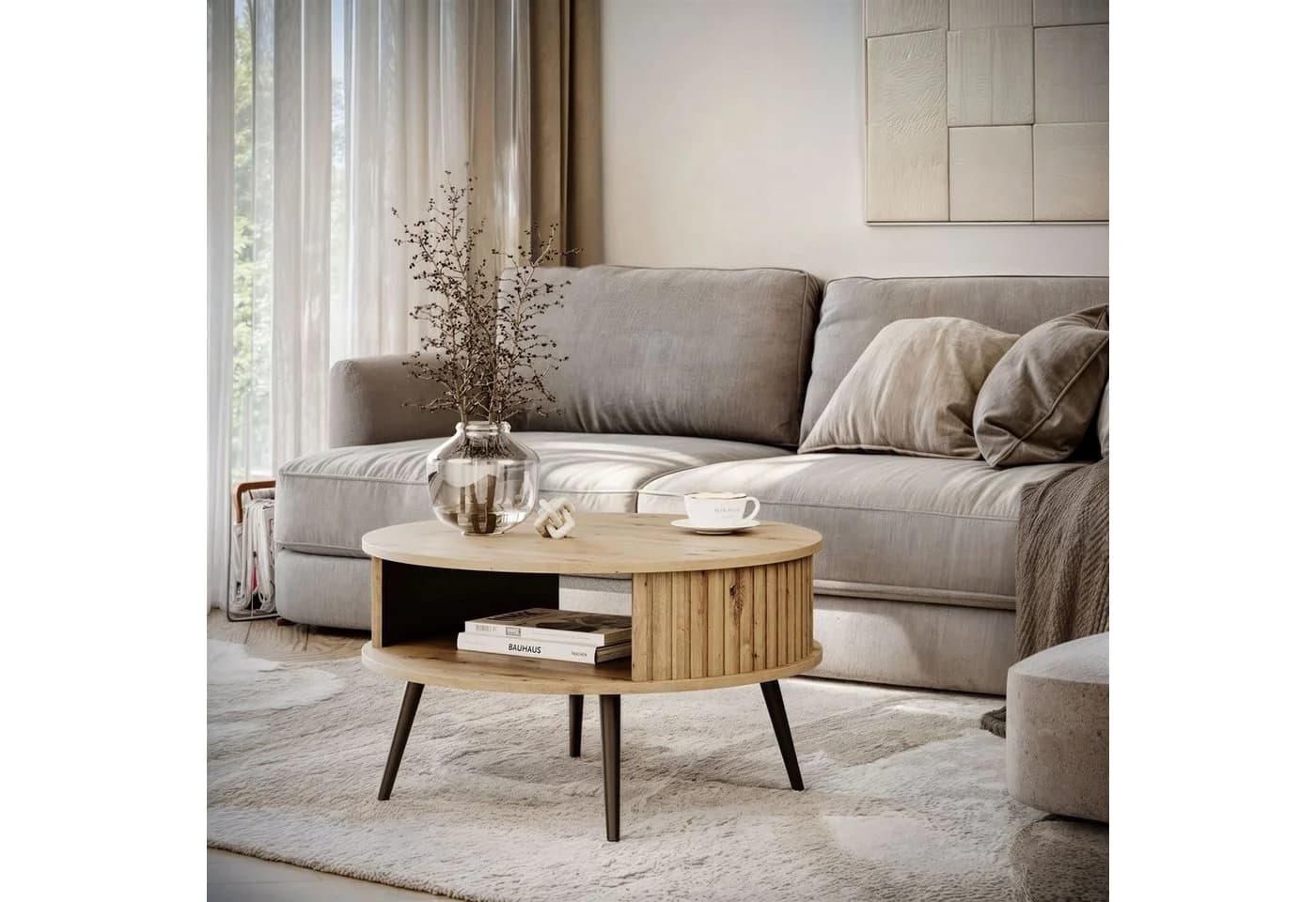 ALLHOUSE24 Couchtisch NOVA Beige Runder Sofatisch mit Ablage - Bild 3