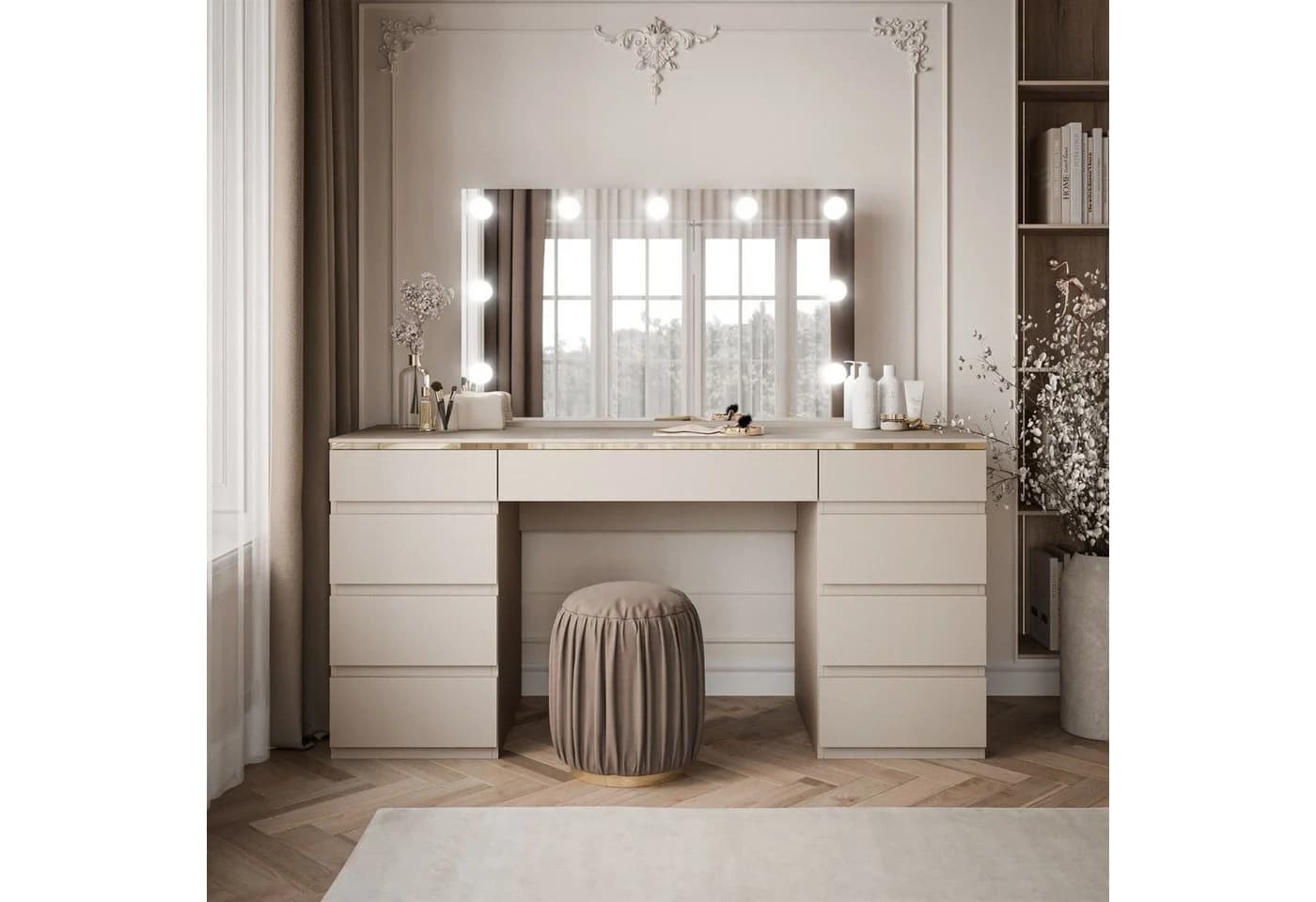 ALLHOUSE24 Schminktisch PEONY Kaschmir Gold mit LED-Spiegel