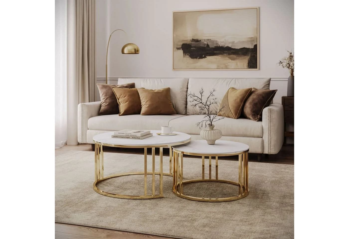 ALLHOUSE24 Couchtisch LINE 2er-Set Keramik Marmoroptik Gold