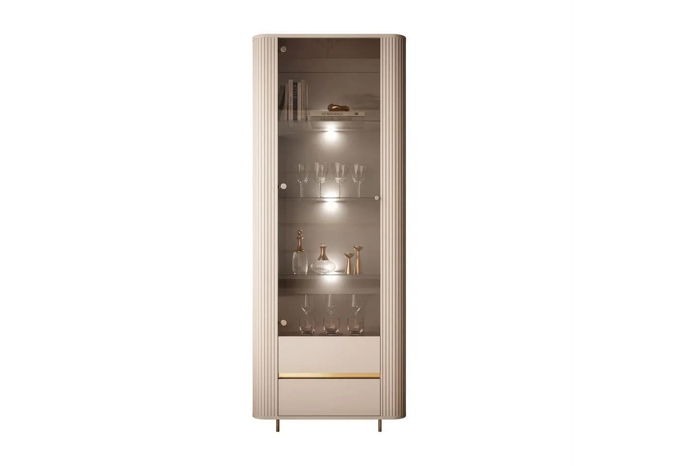 ALLHOUSE24 Vitrine MIRACLE Sandbeige Glasvitrine Rillenstruktur Metallfüße - Bild 2