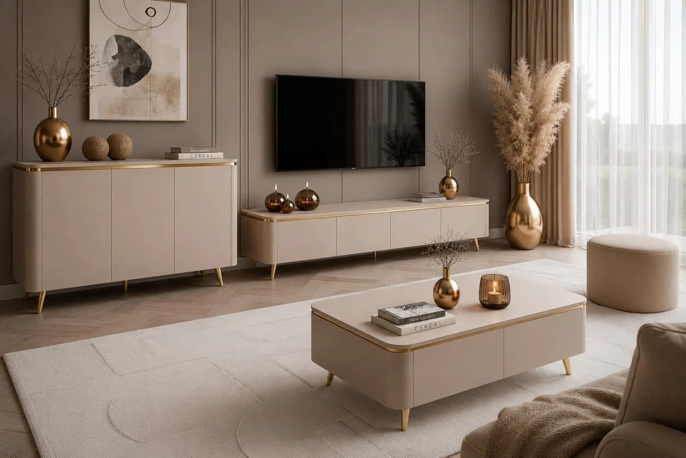 ALLHOUSE24 Wohnzimmer-Set LINE Kaschmir GOLD mit PUSH-OPEN - Bild 2