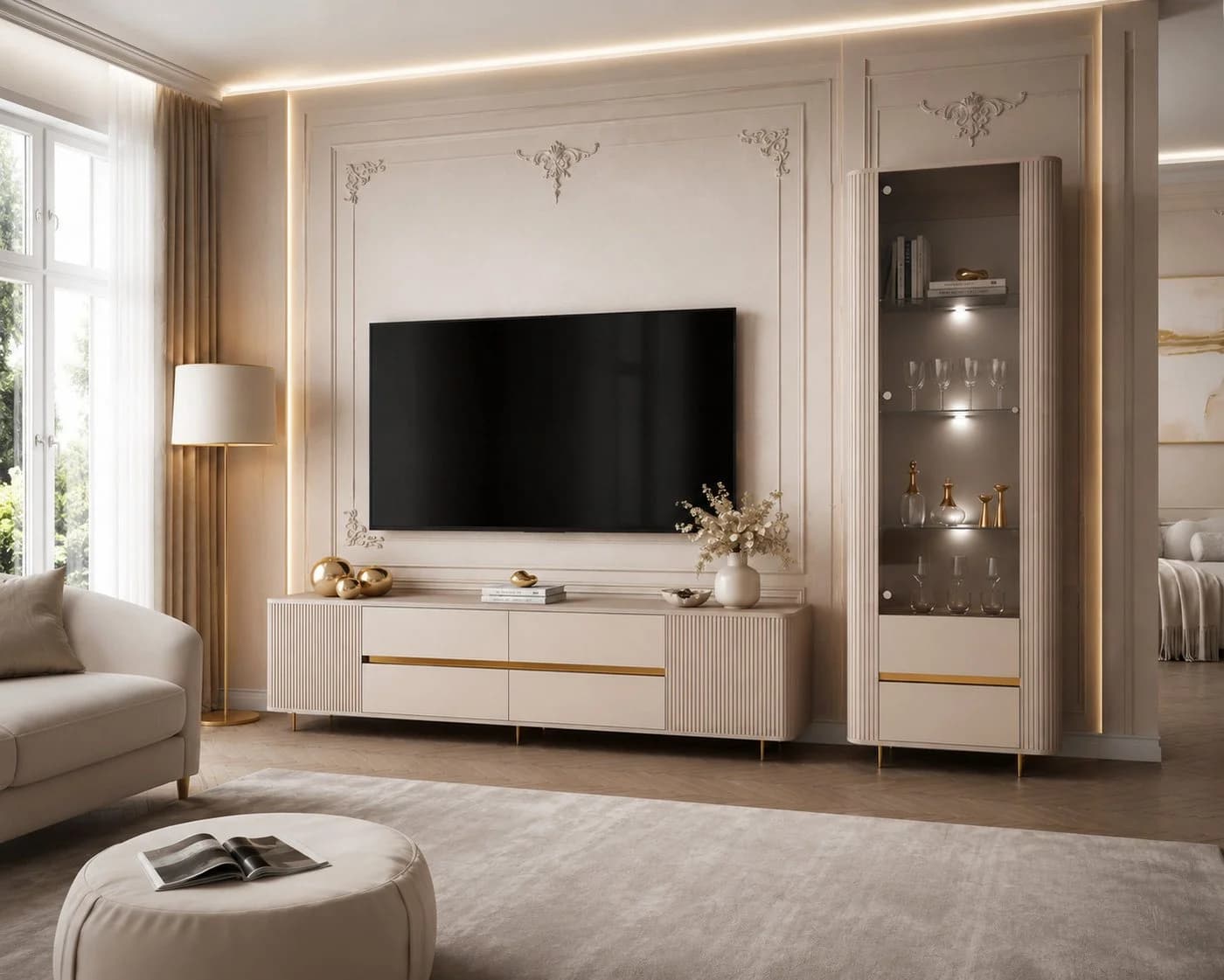 ALLHOUSE24 Wohnzimmer-Set MIRACLE GOLD mit LED Vitrine und TV-Schrank Sandbeige