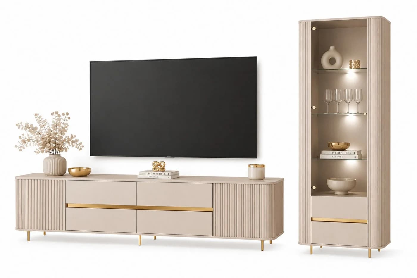ALLHOUSE24 Wohnzimmer-Set MIRACLE GOLD mit LED Vitrine und TV-Schrank Sandbeige - Bild 2