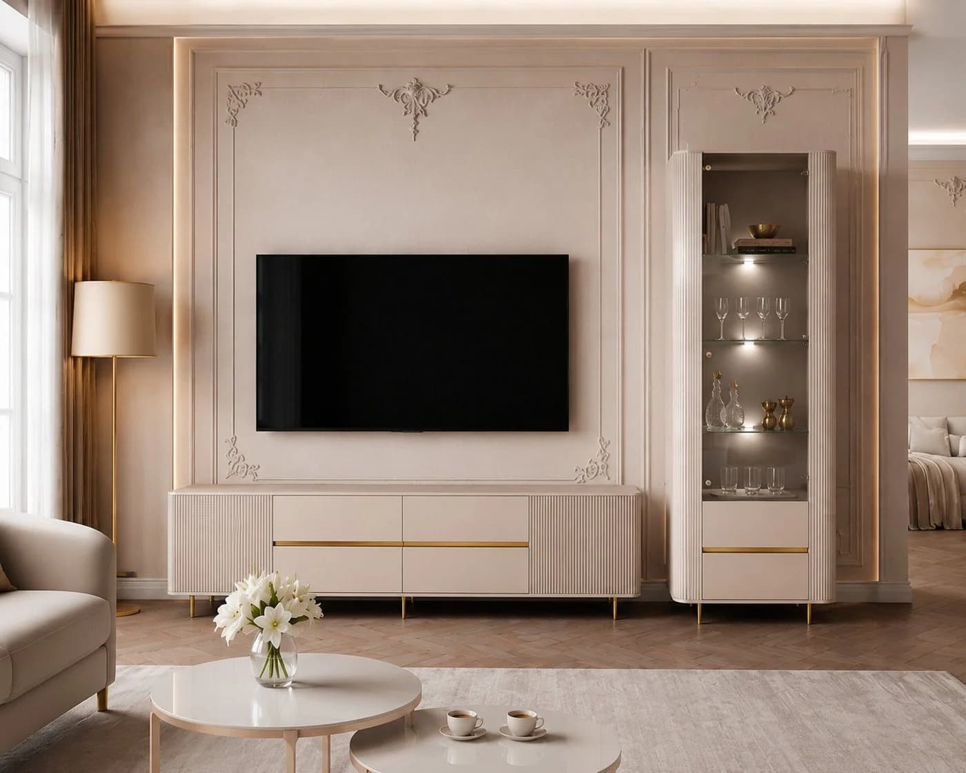 ALLHOUSE24 Wohnzimmer-Set MIRACLE GOLD mit LED Vitrine und TV-Schrank Sandbeige - Bild 3