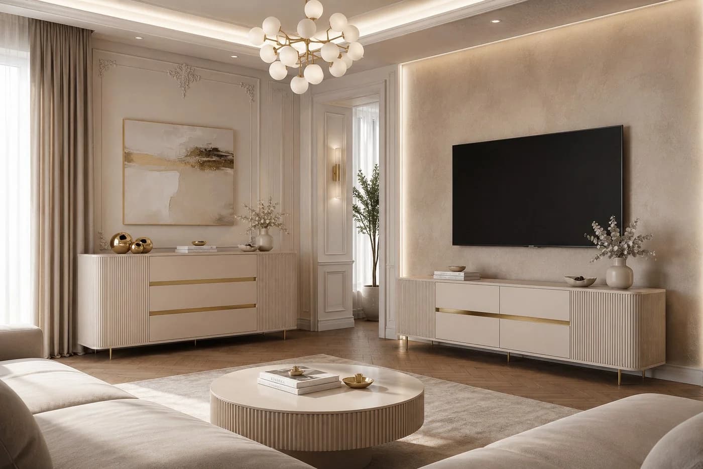 ALLHOUSE24 Wohnzimmer-Set MIRACLE III Sandbeige Gold TV Schrank Kommode - Bild 2