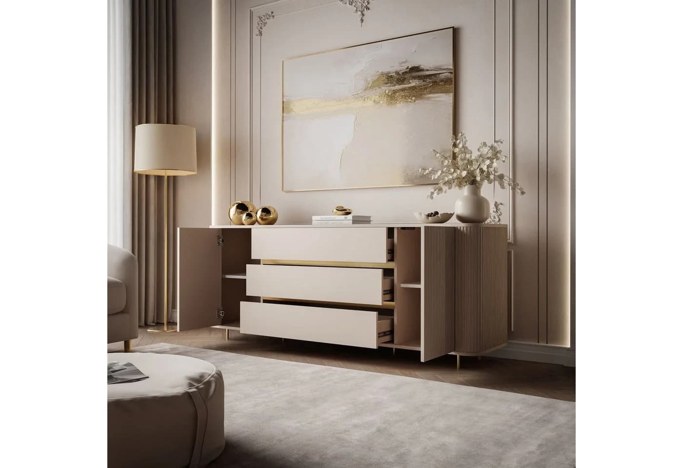 ALLHOUSE24 Wohnzimmer-Set MIRACLE III Sandbeige Gold TV Schrank Kommode - Bild 3
