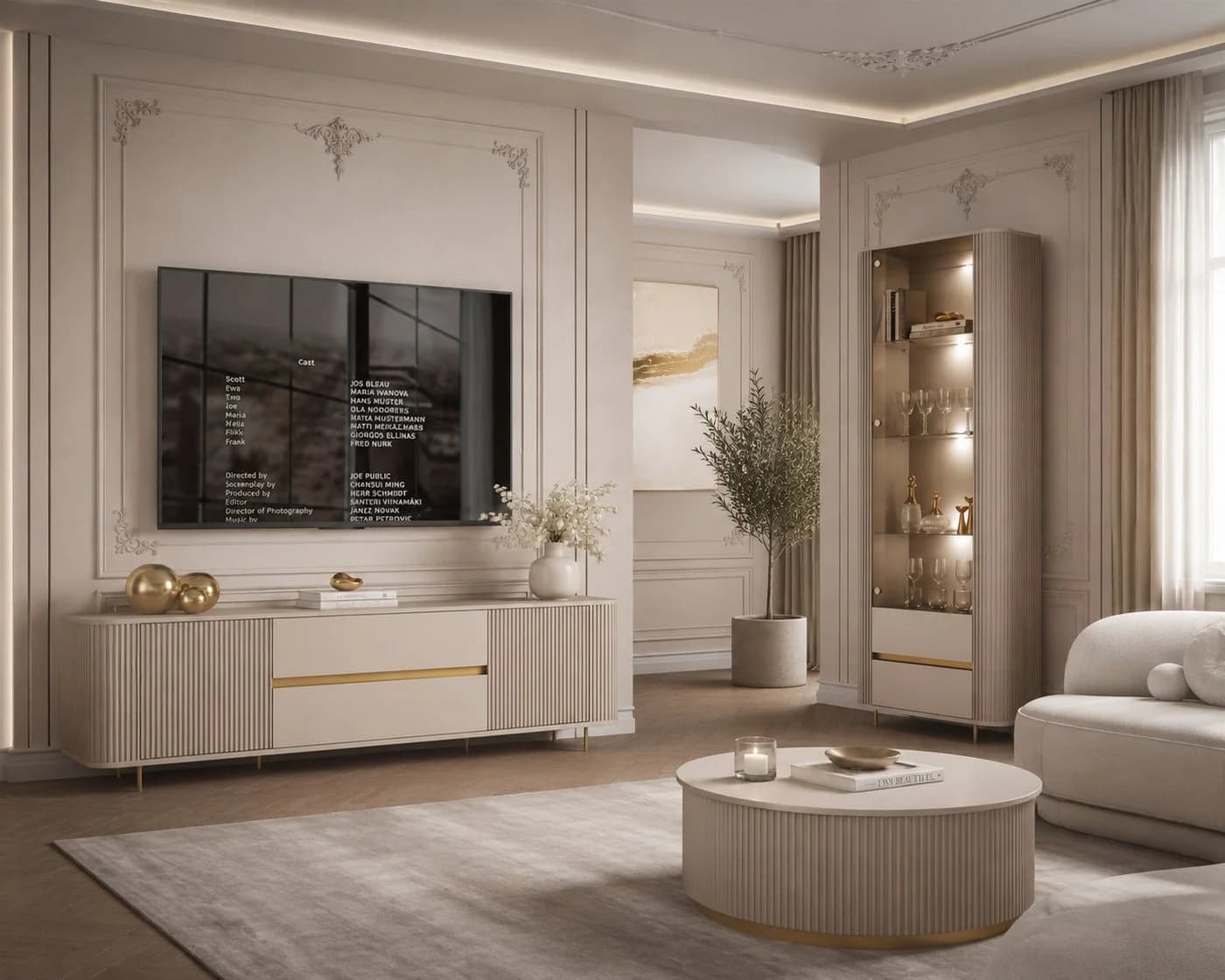 ALLHOUSE24 Wohnzimmer-Set MIRACLE IV Vitrine & Lowboard Sandbeige Gold - Bild 2