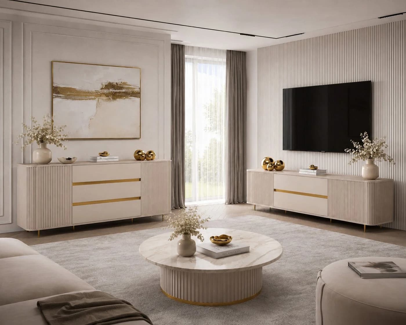 ALLHOUSE24 Wohnzimmer-Set MIRACLE V Sandbeige Gold 3D-Rillenfronten