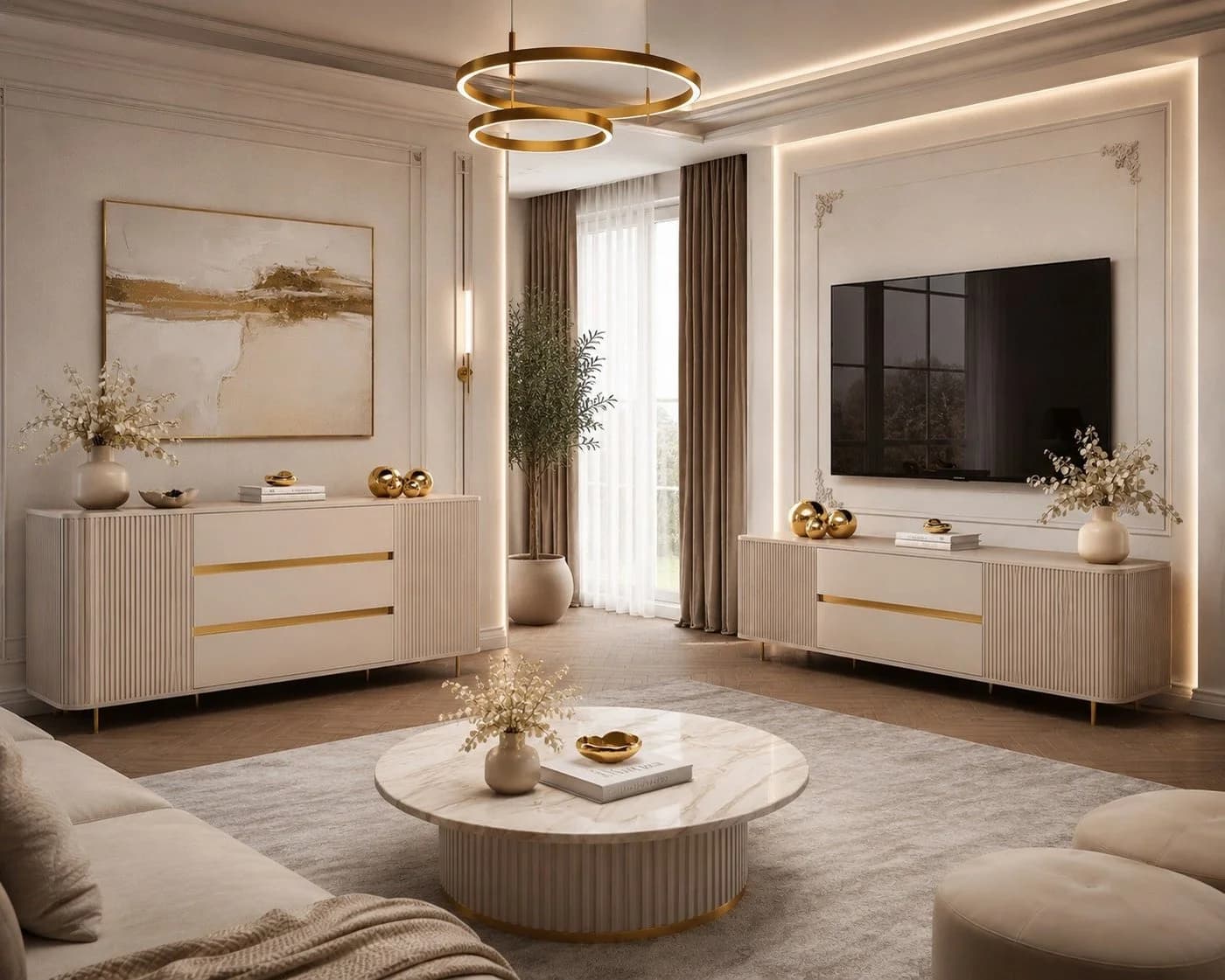 ALLHOUSE24 Wohnzimmer-Set MIRACLE V Sandbeige Gold 3D-Rillenfronten - Bild 2
