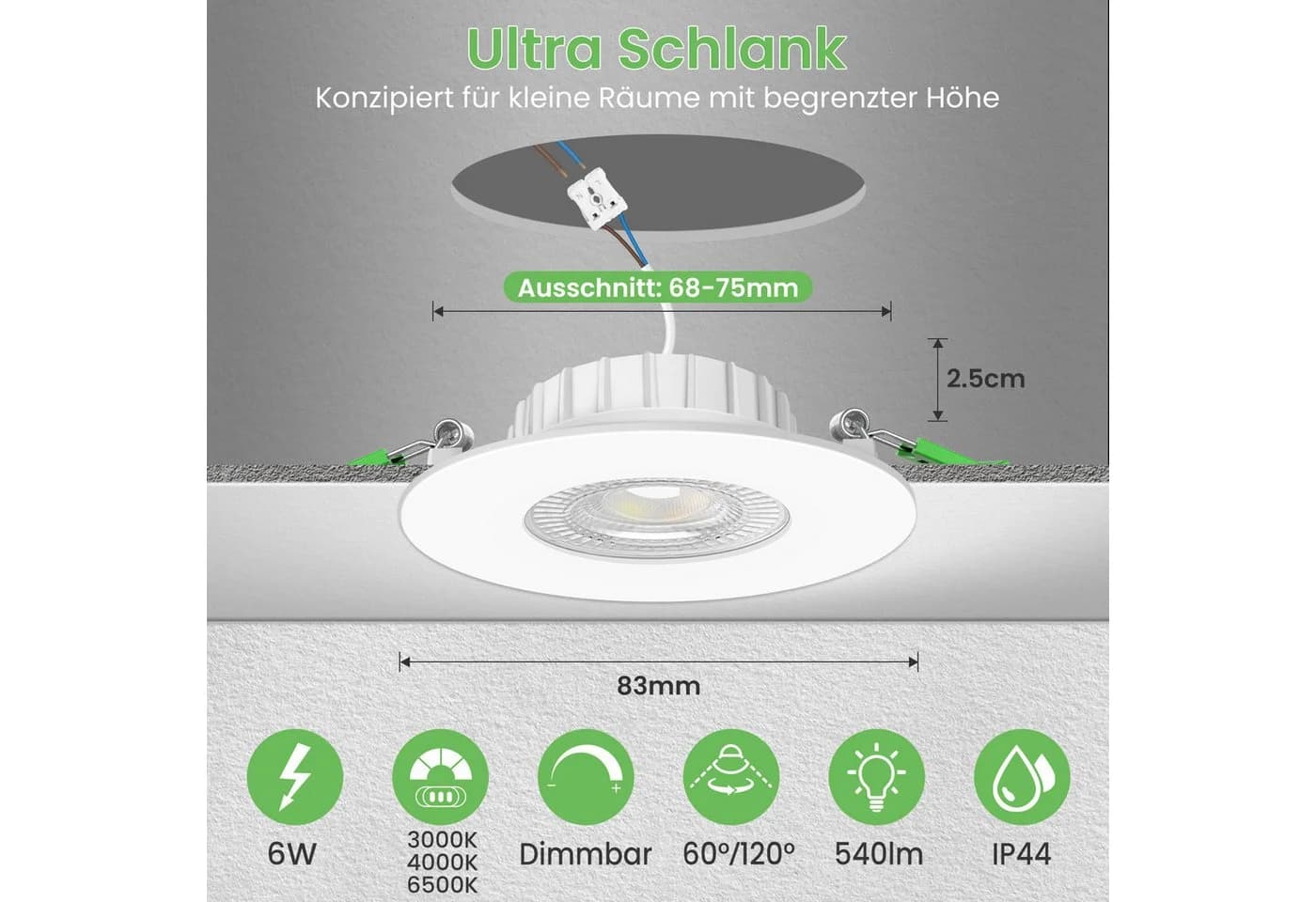 ALUSSO LED Einbauleuchte 6er-Set 6 W 3CCT Dimmbar IP44 68 mm Weiß