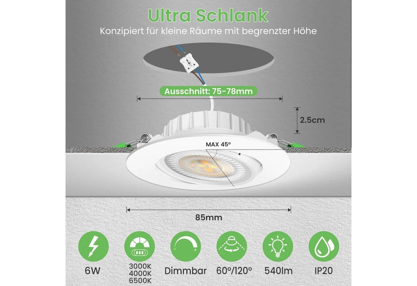 ALUSSO LED Einbauleuchte 6er-Set 3CCT 6W Schwenkbar Weiß