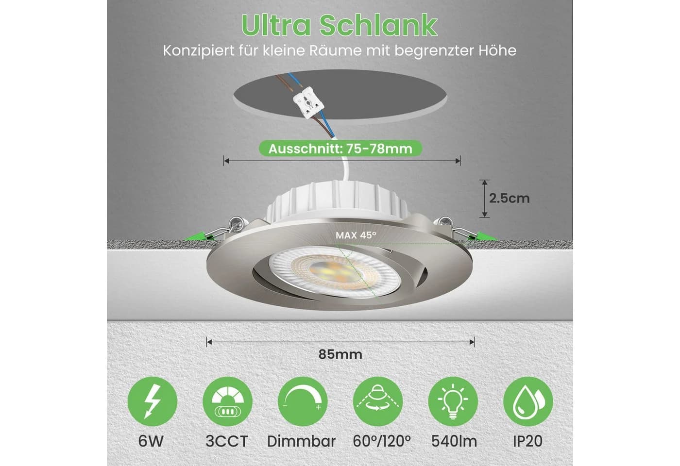 ALUSSO LED Einbauleuchte 6er-Set 6W 3CCT Schwenkbar Nickel