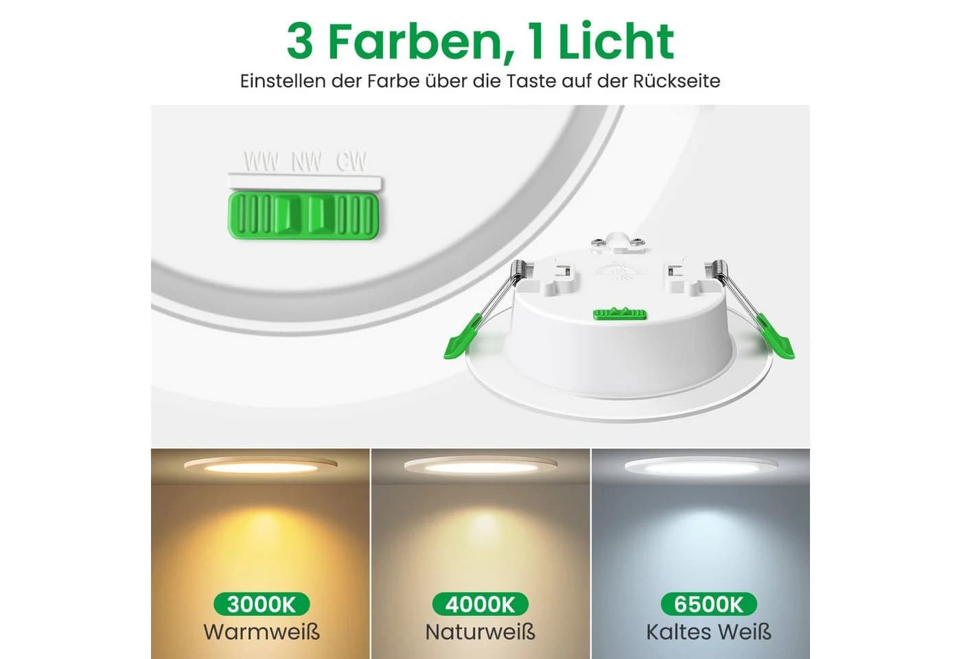 ALUSSO LED Einbauleuchte 6er-Set 3CCT Dimmbar 10W 1050lm Weiß - Bild 3