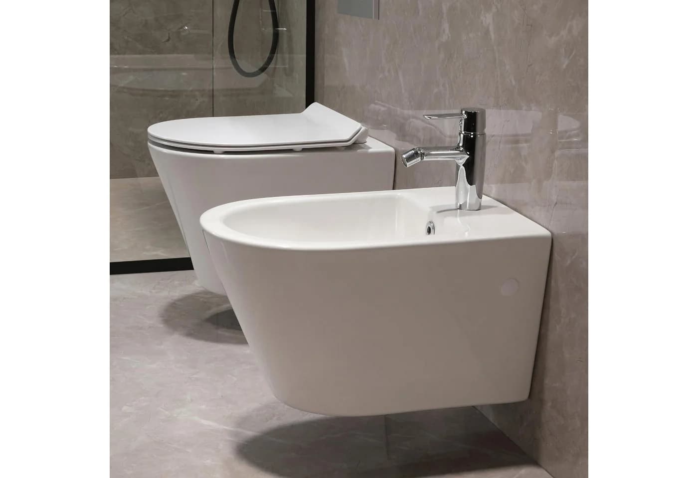 HOROW Bidet Hänge Bidet Komplet Set mit Hänge WC Spülrandlos, wandhängend, WC Sitz mit Absenkautomatik