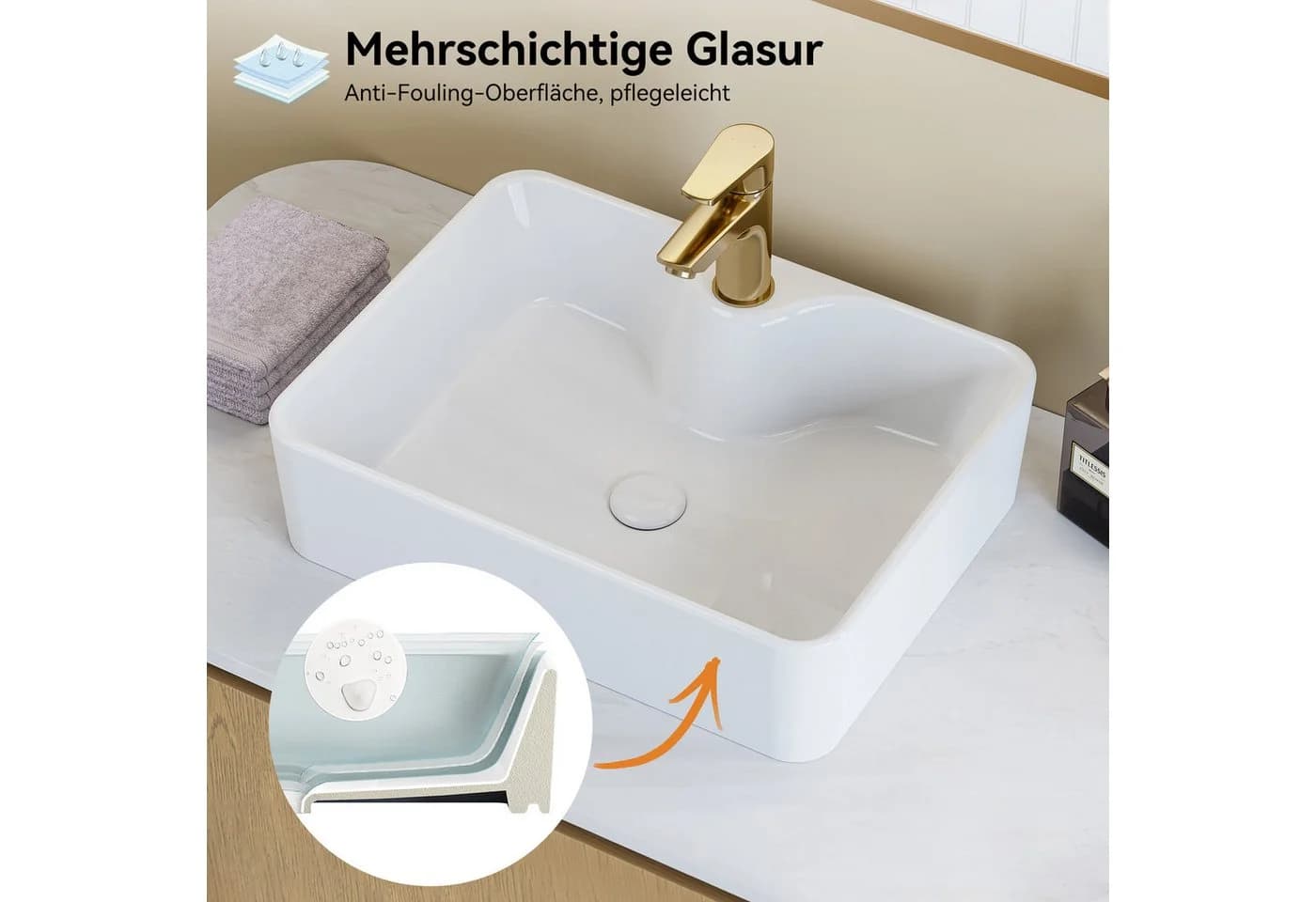 HOROW Aufsatzwaschbecken Keramik Rechteckig Nano-Beschichtung - Bild 3