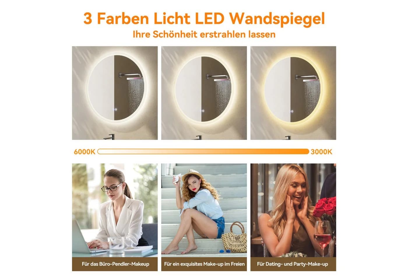 HOROW LED Badspiegel Rund Antibeschlag Dimmbar - Bild 4
