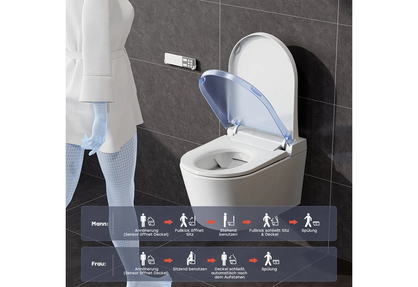 HOROW Dusch-WC Hänge WC mit Bidet-Funktion, Japanische Toilette spülrandlos WC, Wand WC, Abgang waagerecht, mit Warmwasser, Beheizter Sitz, Instellbarem Wasserdruck, Warme Lufttrocknung, Damenpflege - Bild 3