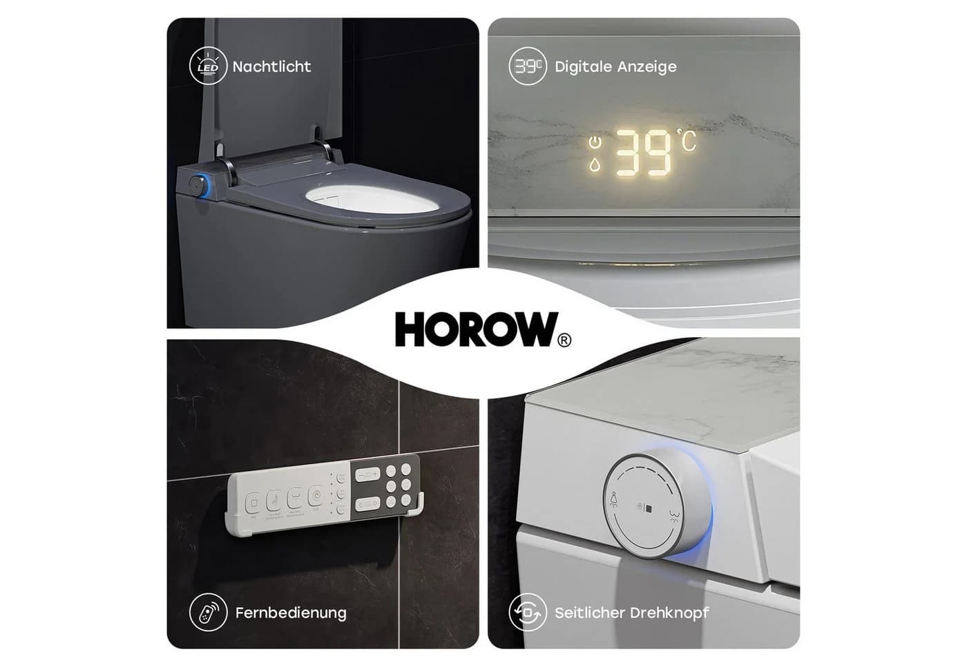 HOROW Dusch-WC Hänge WC mit Bidet-Funktion, Japanische Toilette spülrandlos WC, Wand WC, Abgang waagerecht, mit Warmwasser, Beheizter Sitz, Instellbarem Wasserdruck, Warme Lufttrocknung, Damenpflege - Bild 5
