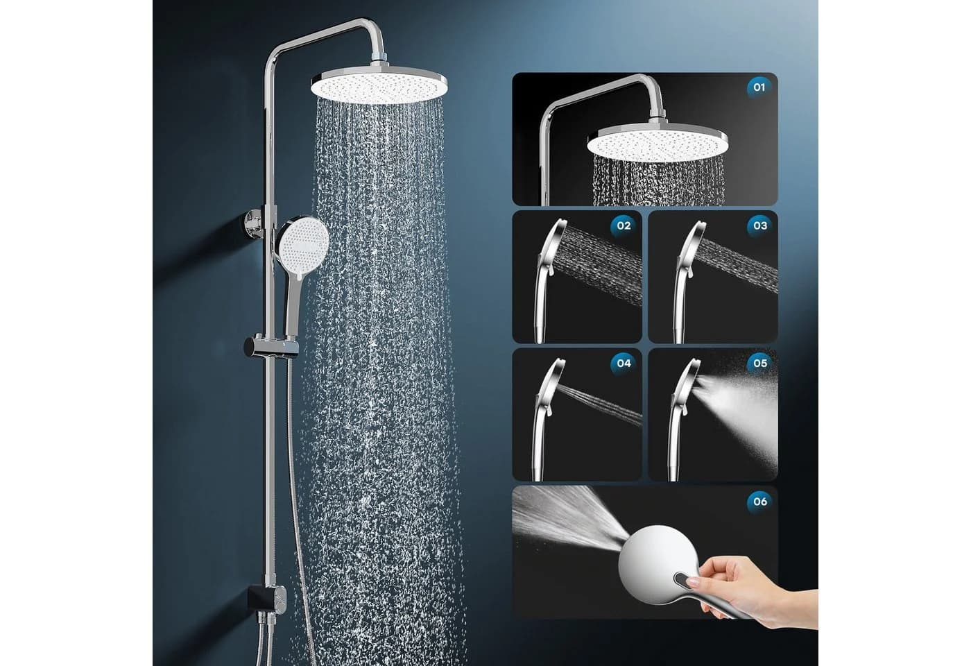 HOROW Brausegarnitur Duschsystem ohne Armatur, 5 Strahlarten, Chrom - Bild 3